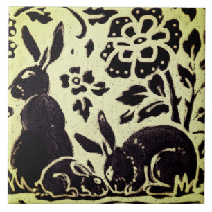 Rabbit Grey Green Stoneware Foliage Woodland Art Tile