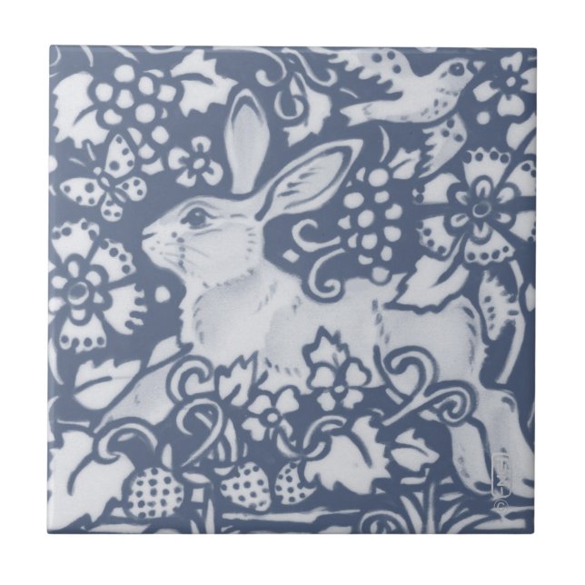 Rabbit Hare Denim Blue Botanical Dedham Delft Tile (Front)