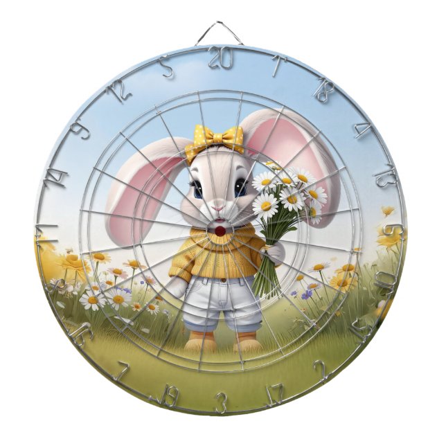 Rabbit holding bouquet of white daisies dartboard (Front)
