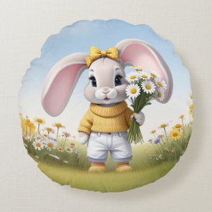 Rabbit holding bouquet of white daisies round cushion