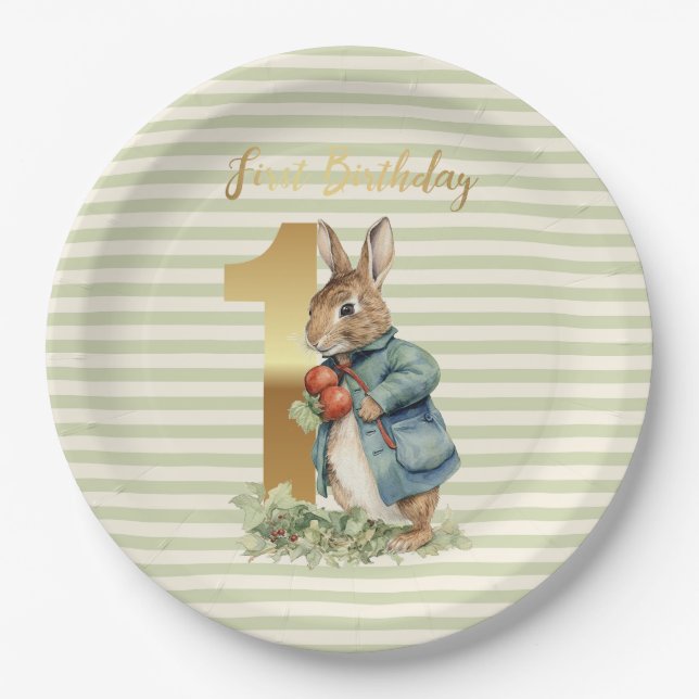 Rabbit holding vegetables First Birthday Paper Plate (Front)
