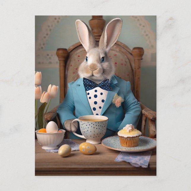 Rabbit in a blue coat and bow tie postcard (Front)