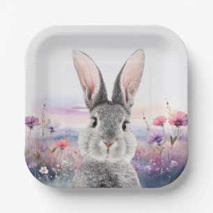 Rabbit in a field of wildflowers paper plate