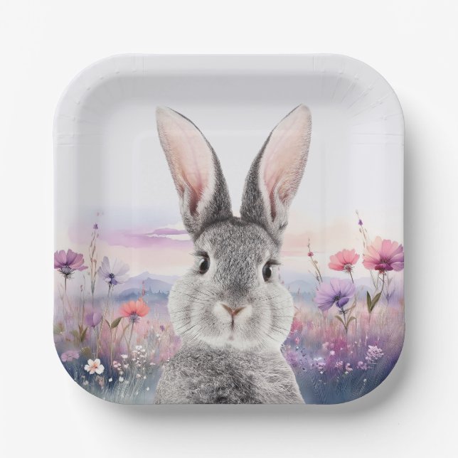 Rabbit in a field of wildflowers paper plate (Front)