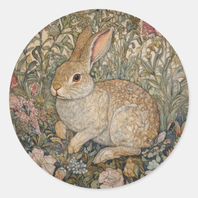 Rabbit in an English Garden William Morris Style Classic Round Sticker (Front)