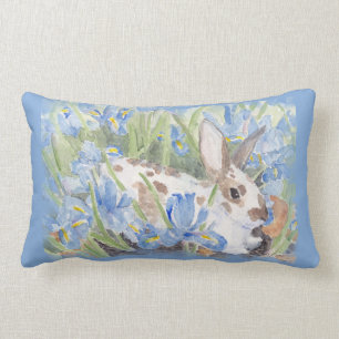 Rabbit in Blue Dutch Irises Lumbar Cushion