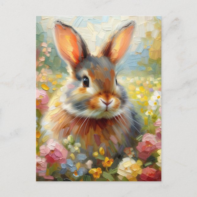 Rabbit in Floral Field Spring Artwork Postcard (Front)
