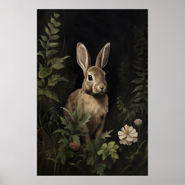 Rabbit in green moody forest wall print, dark poster (Front)