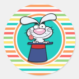Rabbit in Hat on Bright Rainbow Stripes Classic Round Sticker