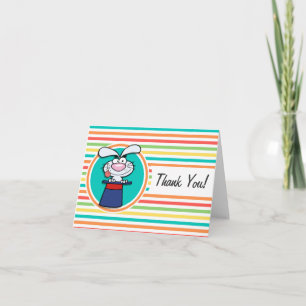 Rabbit in Hat on Bright Rainbow Stripes Thank You Card
