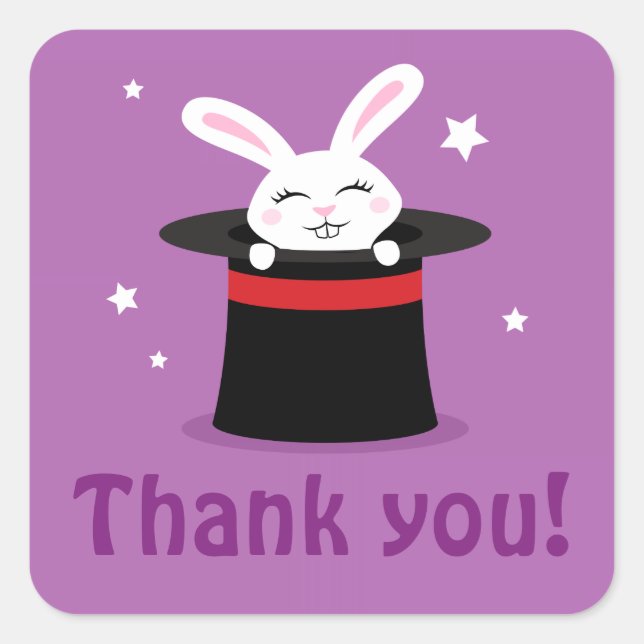 Rabbit in magicians hat magic show party thank you square sticker (Front)