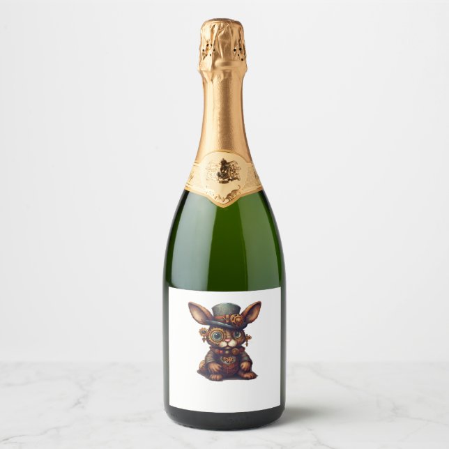 Rabbit in steampunk mechanical gear, vibrant bunny sparkling wine label (Front)