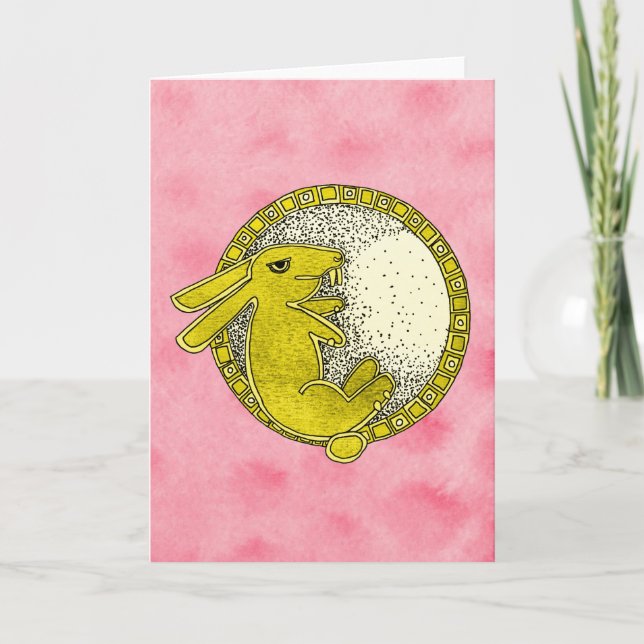 Rabbit in the Moon Greeting Card (Pink and Yellow) (Front)