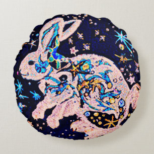 Rabbit in the Sky with Stars  Round Cushion