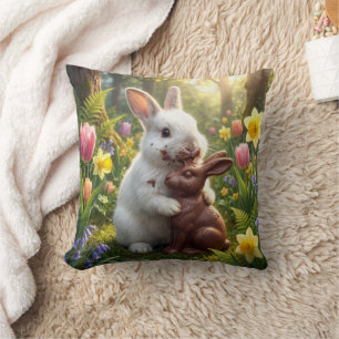 Rabbit Licking a Chocolate Easter Bunny Cushion