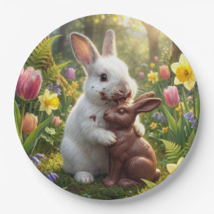 Rabbit Licking a Chocolate Easter Bunny Paper Plate