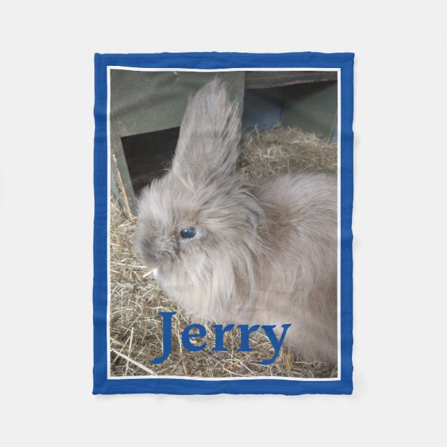 Rabbit Lover's Personalised Photo and Name Blue Fleece Blanket (Front)