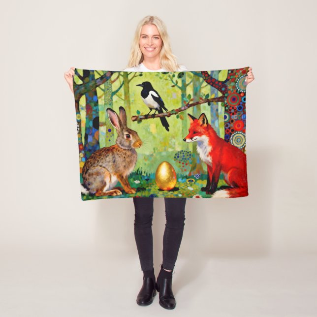Rabbit, Magpie, Fox and “The Forest’s Secret”  Fleece Blanket (In Situ)