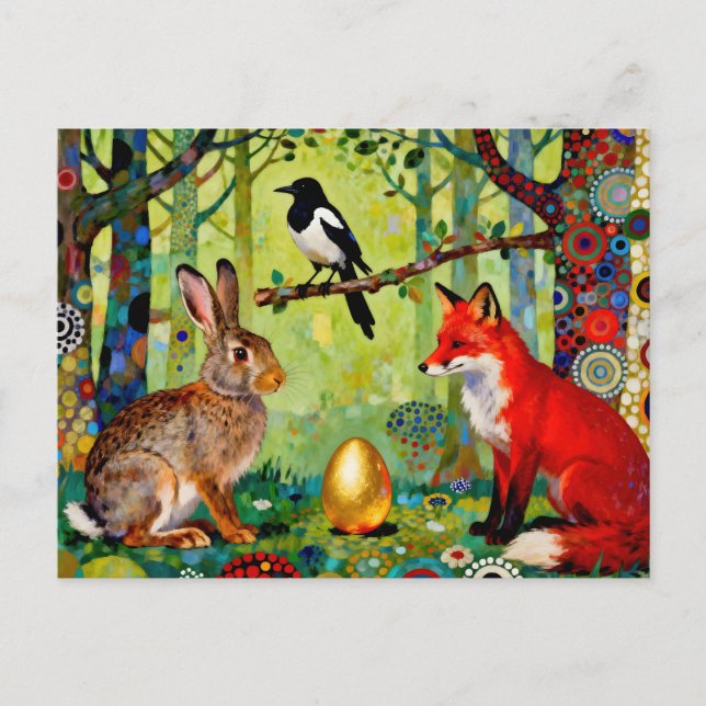 Rabbit, Magpie, Fox and “The Forest’s Secret”  Postcard (Front)