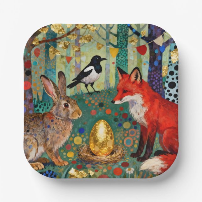 Rabbit, Magpie, Fox and “The Golden Goose Egg” Paper Plate (Front)