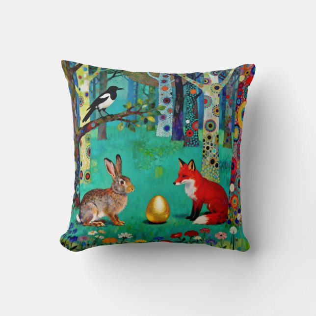 Rabbit, Magpie, Fox and “The Sharing Path” Cushion (Front)