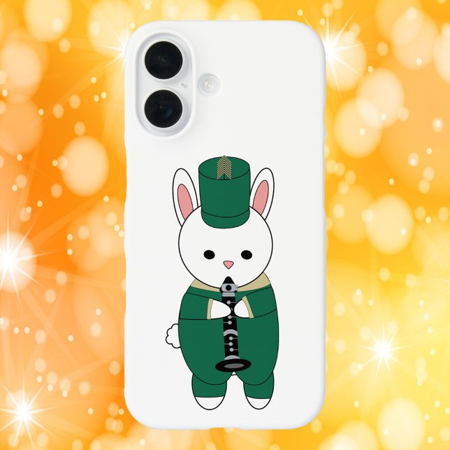 Rabbit Marching Band Clarinet Green Gold Case-Mate iPhone Case (A phone case with a white rabbit playing the clarinet in a green & gold marching band uniform.)