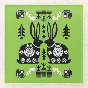 Rabbit Nordic Scandinavian Folk Art          Glass Coaster