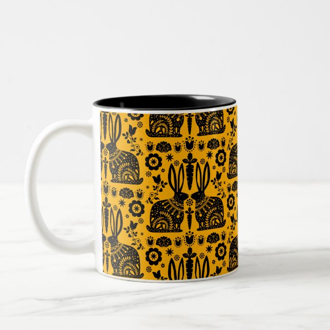 Rabbit Nordic Scandinavian Folk Art     Two-Tone Coffee Mug (Left)