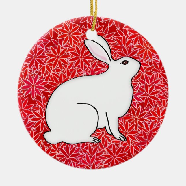 Rabbit on a bed of spring flowers ceramic tree decoration (Front)