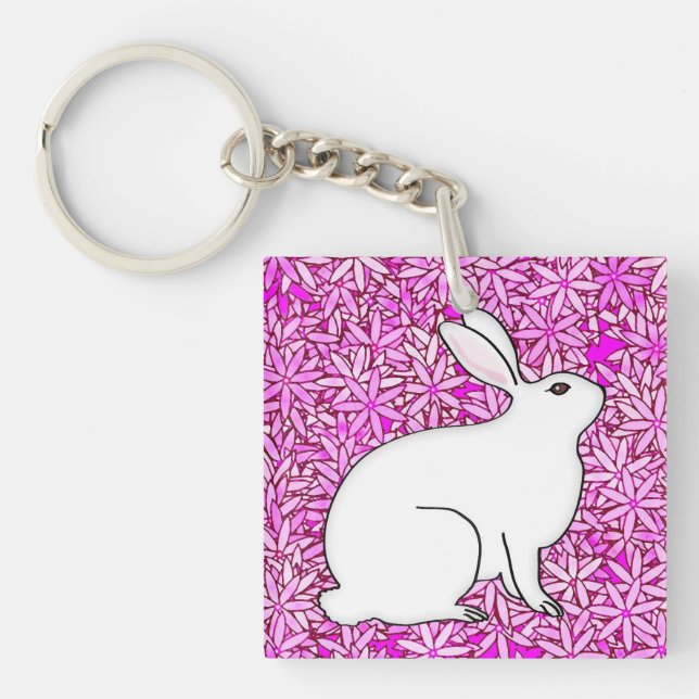 Rabbit on a bed of spring flowers key ring (Front)
