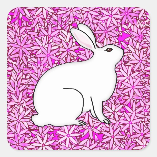 Rabbit on a bed of spring flowers square sticker (Front)