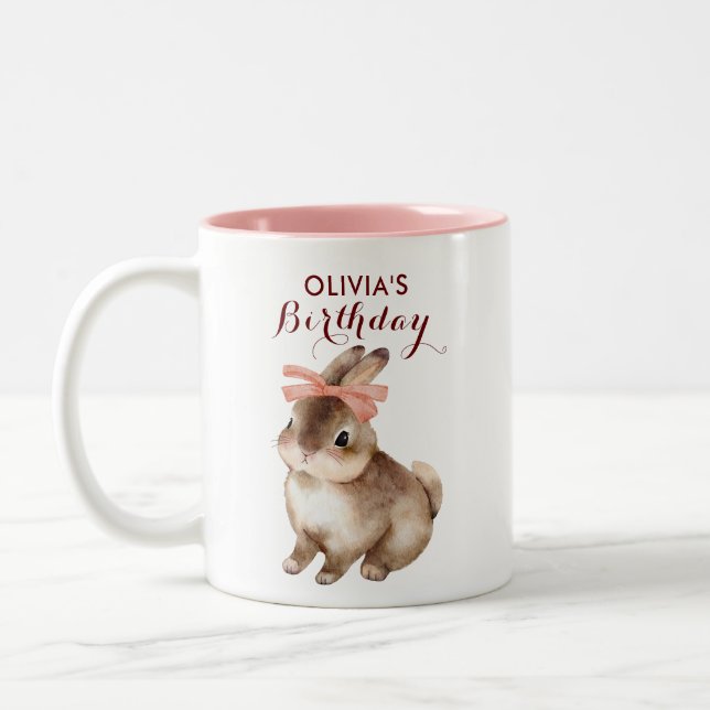 Rabbit pink bow custom name gift Two-Tone coffee mug (Left)