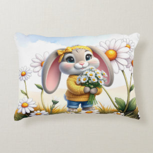 Rabbit pink ears white daisies decorative cushion