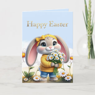 Rabbit pink ears white daisies Happy Easter Card