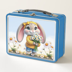Rabbit pink ears white daisies  metal lunch box
