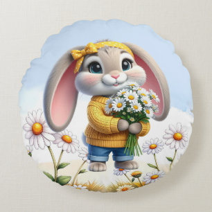 Rabbit pink ears white daisies  round cushion