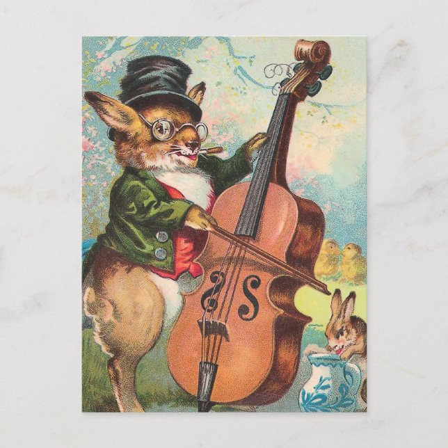"Rabbit Playing the Cello" Vintage Postcard (Front)