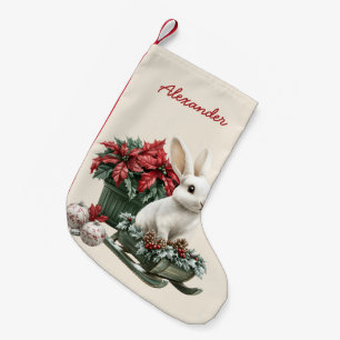 Rabbit Poinsettia Custom Name Small Christmas Stocking