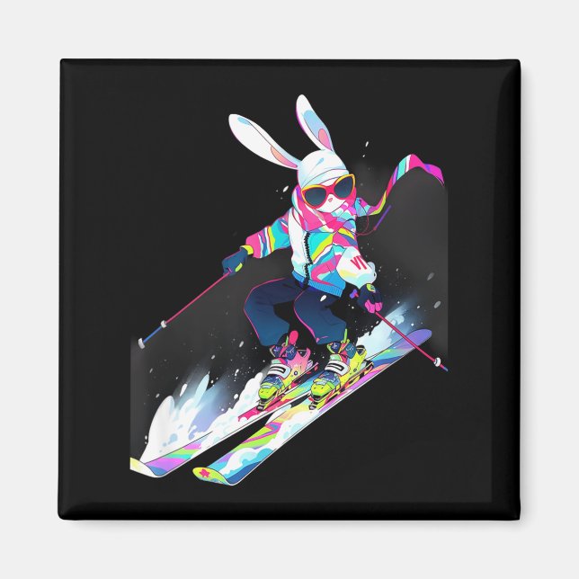 Rabbit rabbit skiing skier ski winter snow  magnet (Front)