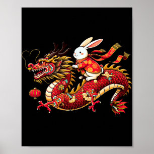 Rabbit Ride Chinese Dragon Funny Mens Womens Happy Poster