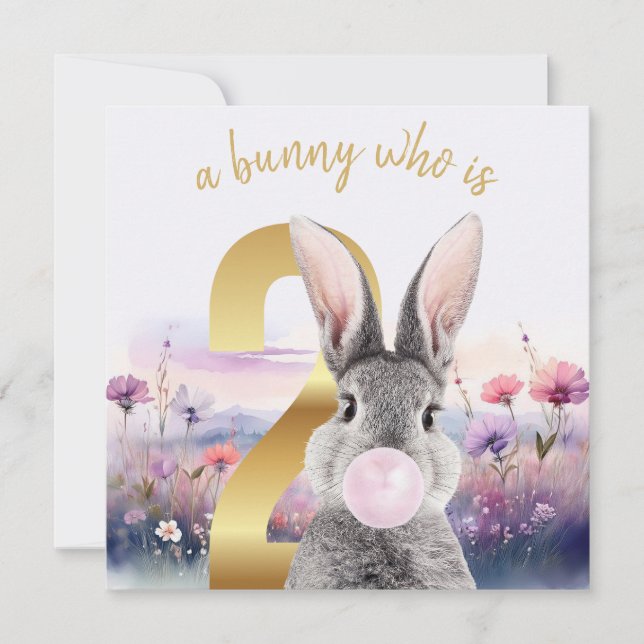 Rabbit Second Birthday blowing pink bubble gum Card (Front)