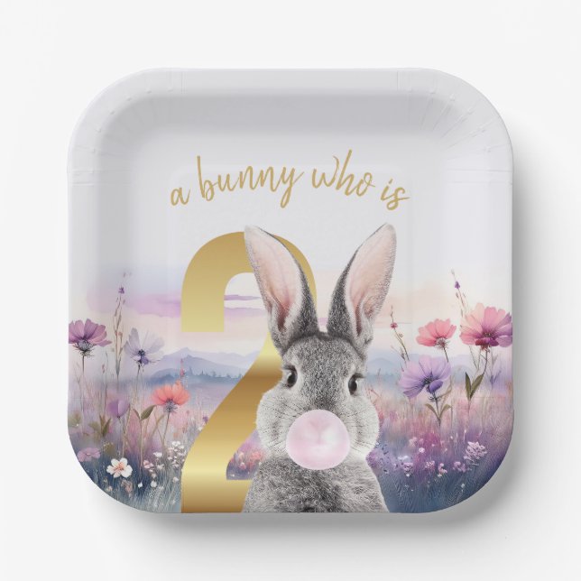 Rabbit Second Birthday blowing pink bubble gum Paper Plate (Front)