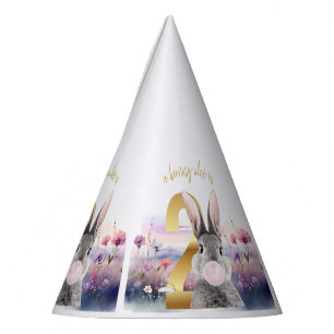 Rabbit Second Birthday blowing pink bubble gum Party Hat