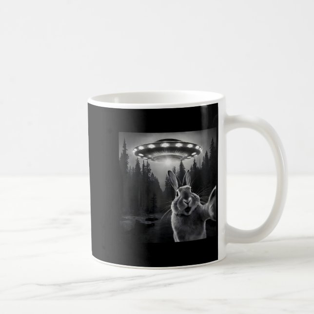 Rabbit Selfie With Ufo - Funny Bunny Graphic Alien Coffee Mug (Right)