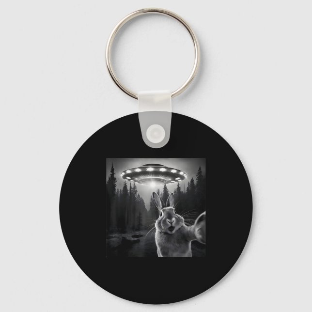 Rabbit Selfie With Ufo - Funny Bunny Graphic Alien Key Ring (Front)