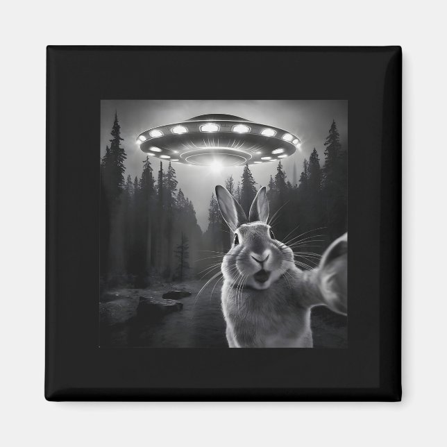 Rabbit Selfie With Ufo - Funny Bunny Graphic Alien Magnet (Front)