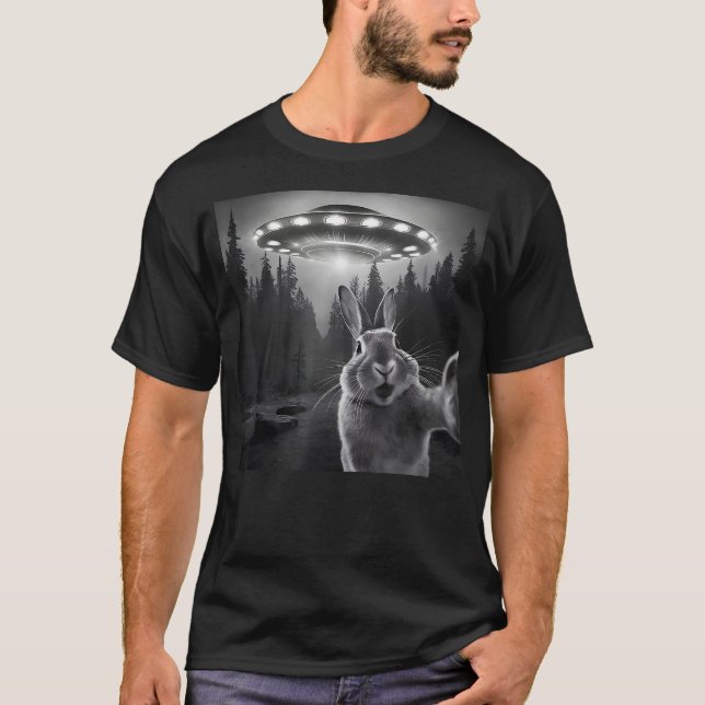 Rabbit Selfie With UFO - Funny Bunny Graphic Alien T-Shirt (Front)