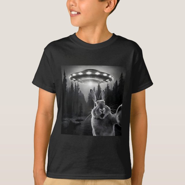 Rabbit Selfie With Ufo - Funny Bunny Graphic Alien T-Shirt (Front)