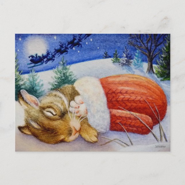 Rabbit Sleeps in Santa's Mitten Watercolor Art Postcard (Front)