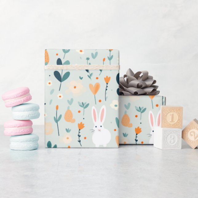 Rabbit Spring Blue And Orange Pastel  Wrapping Paper (Baby Shower)